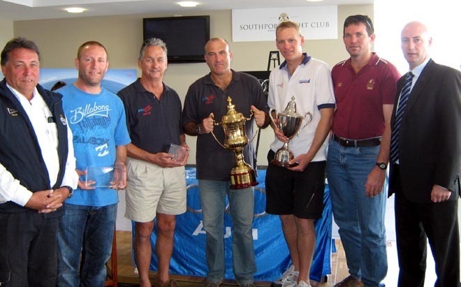 AFR Midnight Rambler accepting their trophies from CYCA Rear Commodore John Cameron (far left) and Simon French Sales Manager, Audi Centre Gold Coast (far right). Owners Bob Thomas and Ed Psaltis (2nd and third from left). Sydney Gold Coast Race © CYCA Staff - copyright